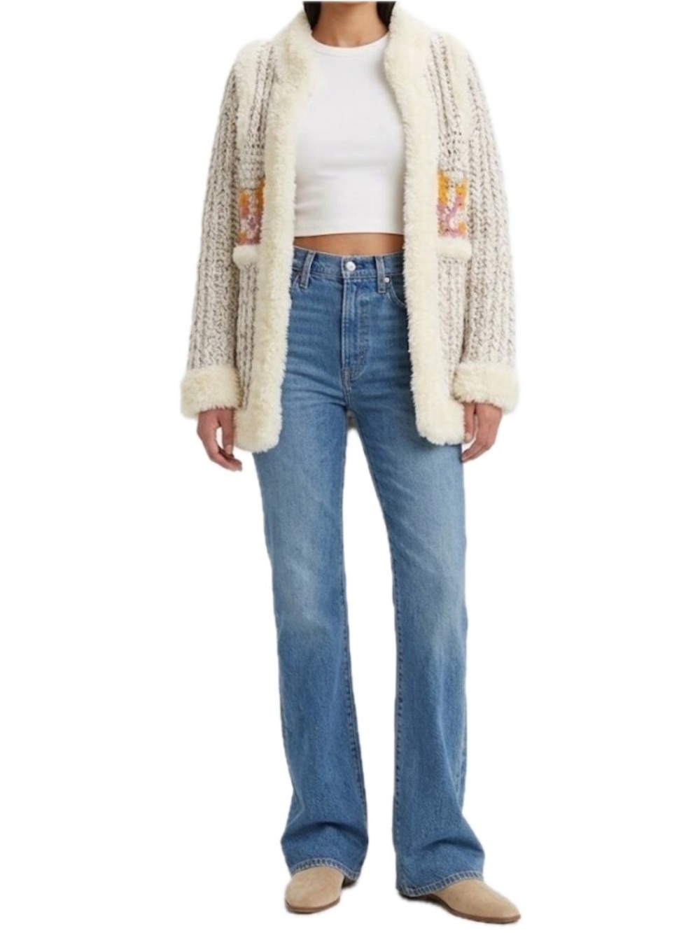 Vintage Le Sweater Cardigan Coat Faux Fur Trim Chunky Knit Cream 80s